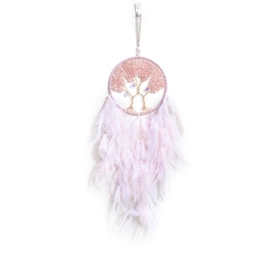 Handmade Tree of Life dream catcher with pink natural crystal stones and soft feathers