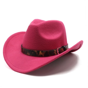 Detail of rose red fedora hat featuring leopard print belt and silver metal buckle