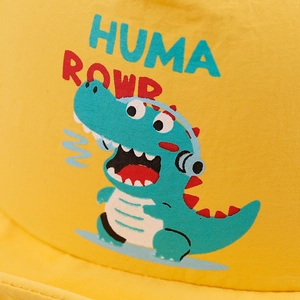 Cute yellow baby sun hat with green dinosaur print and HUMA ROWR text for toddlers