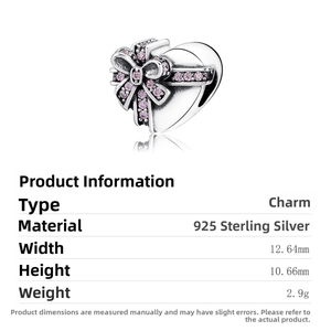 Detailed view of S925 sterling silver heart charm with pink cubic zirconia bow and dimensions