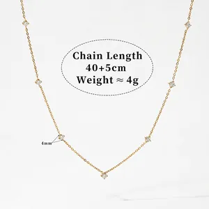 Elegant gold station necklace with sparkling zircon stones and detailed measurements