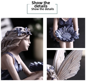 Macro details of flower crown, sunflower tray and feather texture on fairy garden statue