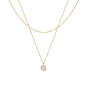 French luxury double-layered gold necklace with round mother-of-pearl pendant