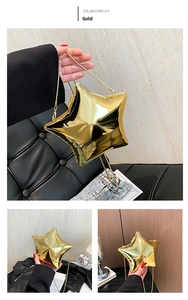 Macro detail of the star-shaped acrylic mirror bag with elegant gold chain strap