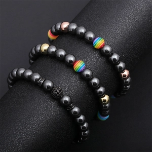 Men Hematite Beaded Bracelet With Rainbow Accents And Zircon Ball Minimalist Elastic Jewelry Gift