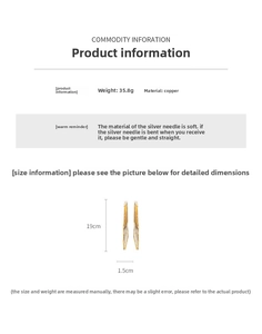 Size chart for gold triangle tassel earrings showing dimensions 19cm by 1.5cm and 35.8g weight