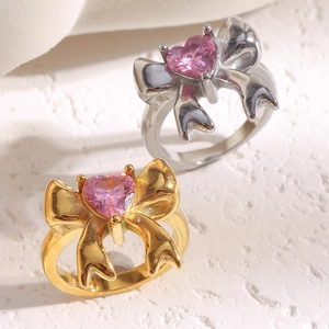 Bow Ring Heart Pink Zircon 18K Gold Plated Stainless Steel Fashion Jewelry For Women Elegant Niche Style Accessories