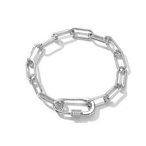 Polished silver paperclip link bracelet with a sparkling crystal-encrusted carabiner lock
