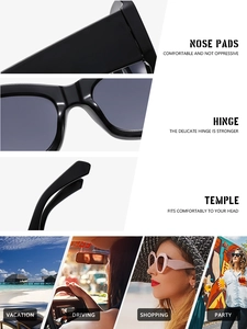 Detail view of square oversized Y2K sunglasses with nose pads, hinges and temple design