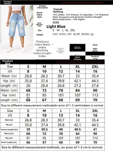 Size chart showing S-2XL measurements for these stretch distressed denim shorts with YKK zippers