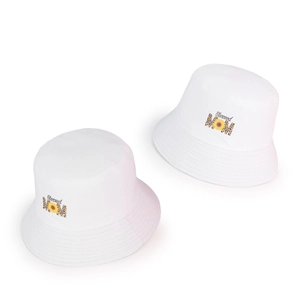 White Blessed MOM bucket hat with leopard print letters and yellow sunflower detail