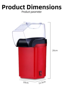 Hot air popcorn maker machine size guide showing dimensions 26cm height and 10cm width