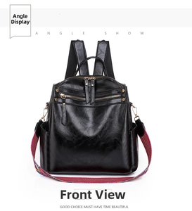 Front view of black PU leather backpack featuring colorful ethnic woven shoulder straps