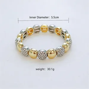 Two-tone brass beaded bracelet with cubic zirconia paving, 5.5cm inner diameter