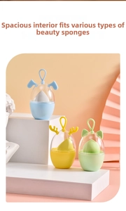 Portable makeup sponge storage boxes in sky blue, yellow, and green with cute animal ears