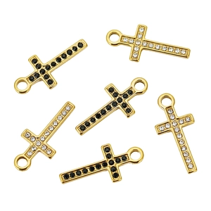 18k gold plated stainless steel oval cross pendant with black and clear rhinestones