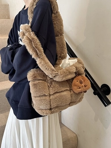 Brown faux fur checkered shoulder bag with cute capybara plush pendant for women