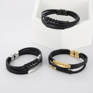 Men's multi-layer braided leather bracelets with stainless steel beads and magnetic clasp