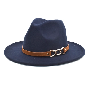 Classic navy blue wool fedora hat with brown leather band and gold chain detail