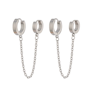 Boucles d'oreilles punk en acier titane argenté avec chaîne et double anneau de liaison