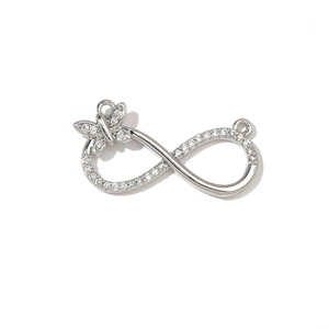 Detailed view of silver infinity and butterfly charm pendant with clear zircon stones