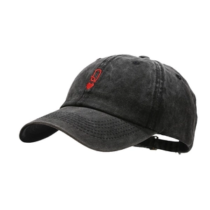 Washed charcoal grey baseball cap featuring red Queen of Hearts embroidery on front