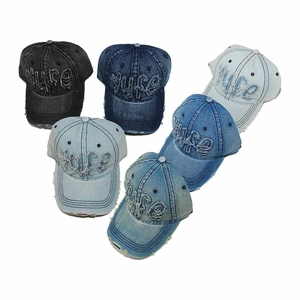 Vintage washed denim baseball caps with distressed details and 3D embroidery accents