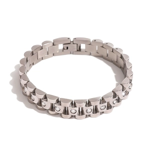 Mens stainless steel link bracelet with clear rhinestones and fold-over clasp
