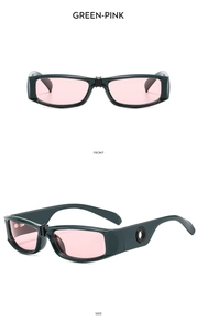 Front and side views of green rectangular sunglasses with pink lenses for fashion