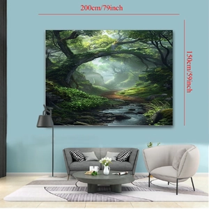 Detail view of 200x150cm forest landscape tapestry with size markings on light wall