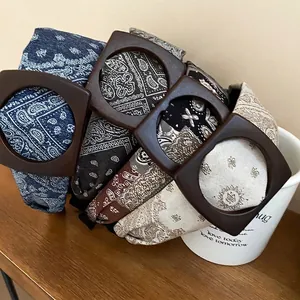 Retro paisley fabric wide headbands with square wooden buckle in various elegant colors