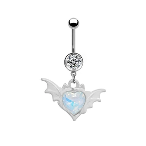 Detail of silver heart belly button ring with bat wings and iridescent opal stone