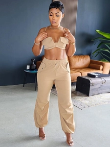 Women Crop Cami Top And Cargo Pants Zipper Pocket Drawstring Streetwear Outfits Woven Casual Clothing