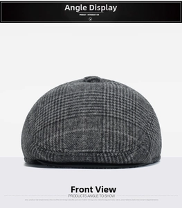 Front view of grey plaid warm peaked cap for elderly men with thick wool blend fabric
