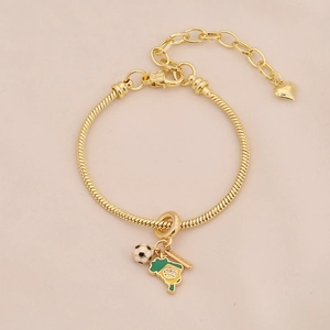 Detail view of golden snake chain bracelet with Brazil map and football pendants