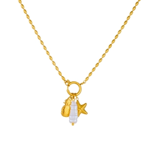 Gold beaded chain necklace with starfish, pineapple and seashell pendant charms