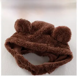Detail of baby plush bear hood with soft brown faux fur and cute 3D round ears