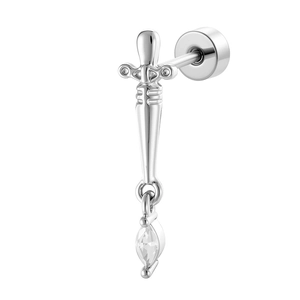 Sword cross stud earring with micro-set zircon and teardrop gemstone in silver finish