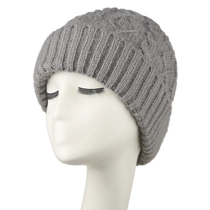 Warm dark grey knitted beanie with cable knit pattern and ribbed cuff for men and women