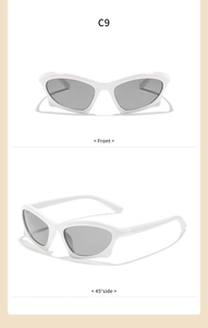 Front and 45-degree side views of white futuristic children's sunglasses with gray lenses
