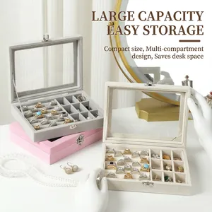 Elegant velvet jewelry organizer with glass window and metal clasp for rings and earrings