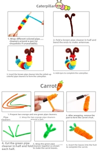 DIY craft kit featuring colorful pipe cleaners to create plush toy caterpillars and carrots