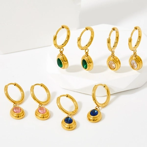 Oval Cubic Zirconia Hoop Earrings Gold Plated Stainless Steel Drop Dangle Jewelry For Women Retro Elegant Geometric