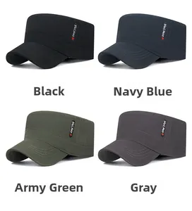 Detail showing flat top army caps in black, navy, army green and grey cotton canvas