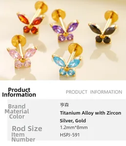 Macro detail of titanium butterfly labret studs with colorful zircon inlay options