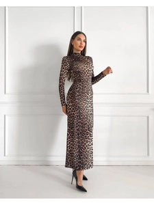 Detailed view of leopard print texture and high collar design on long sleeve maxi dress