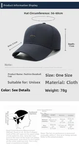 Size chart showing baseball cap dimensions including 56-60cm circumference and measurement guide