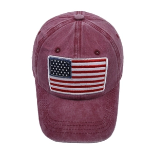 Burgundy washed cotton baseball cap with USA flag embroidery patch on the front