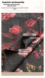 Détail de l'imprimé rose rouge et des franges faites main sur l'écharpe grise épaisse