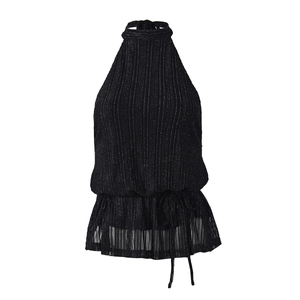 Detail of black halter top featuring silver glitter fabric and drawstring waist with ruffles